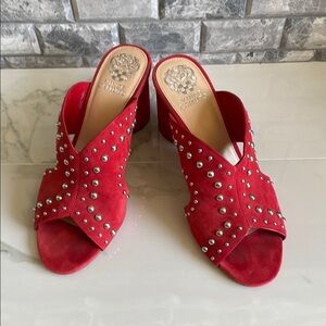 Vince Camuto Red Suede Studded Mules with Crisscross Design